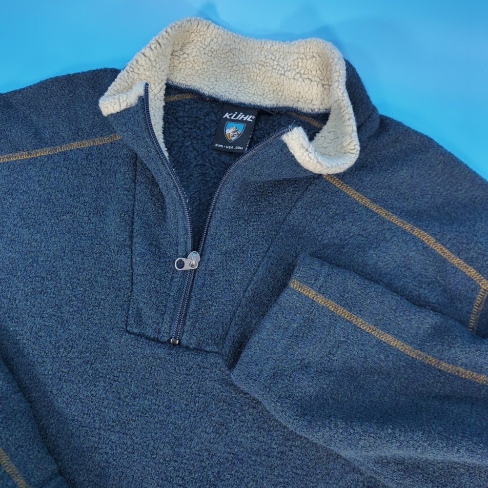 Kuhl Mens Blue Textured Fleece Quarter Zip Pullover Sweater Contrast Stitch L